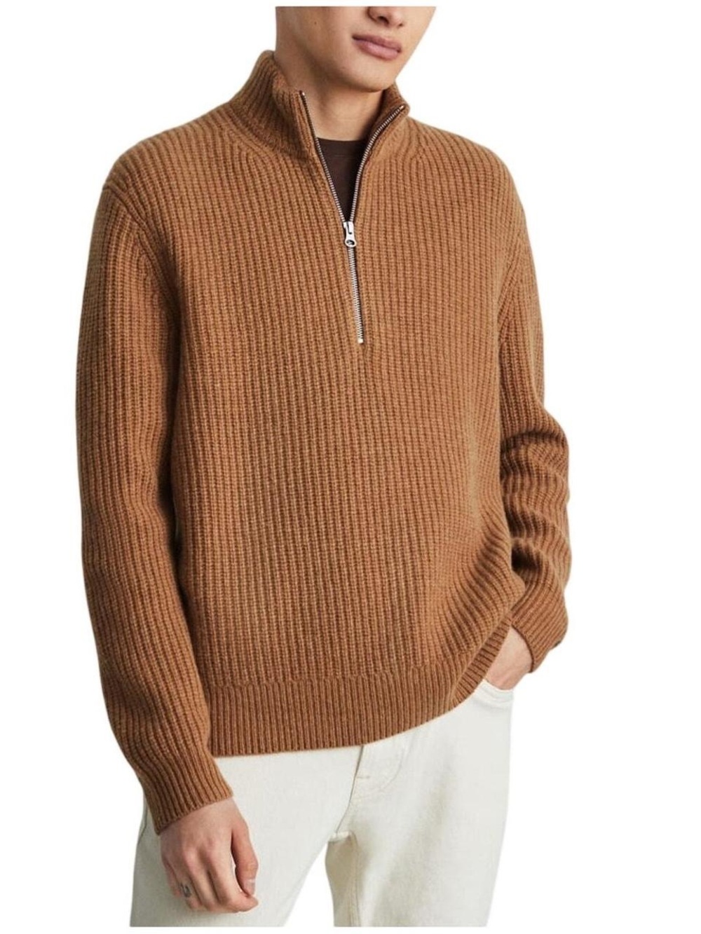 Everlane Men's Half-Zip Ribbed Sweater in Warm Brown